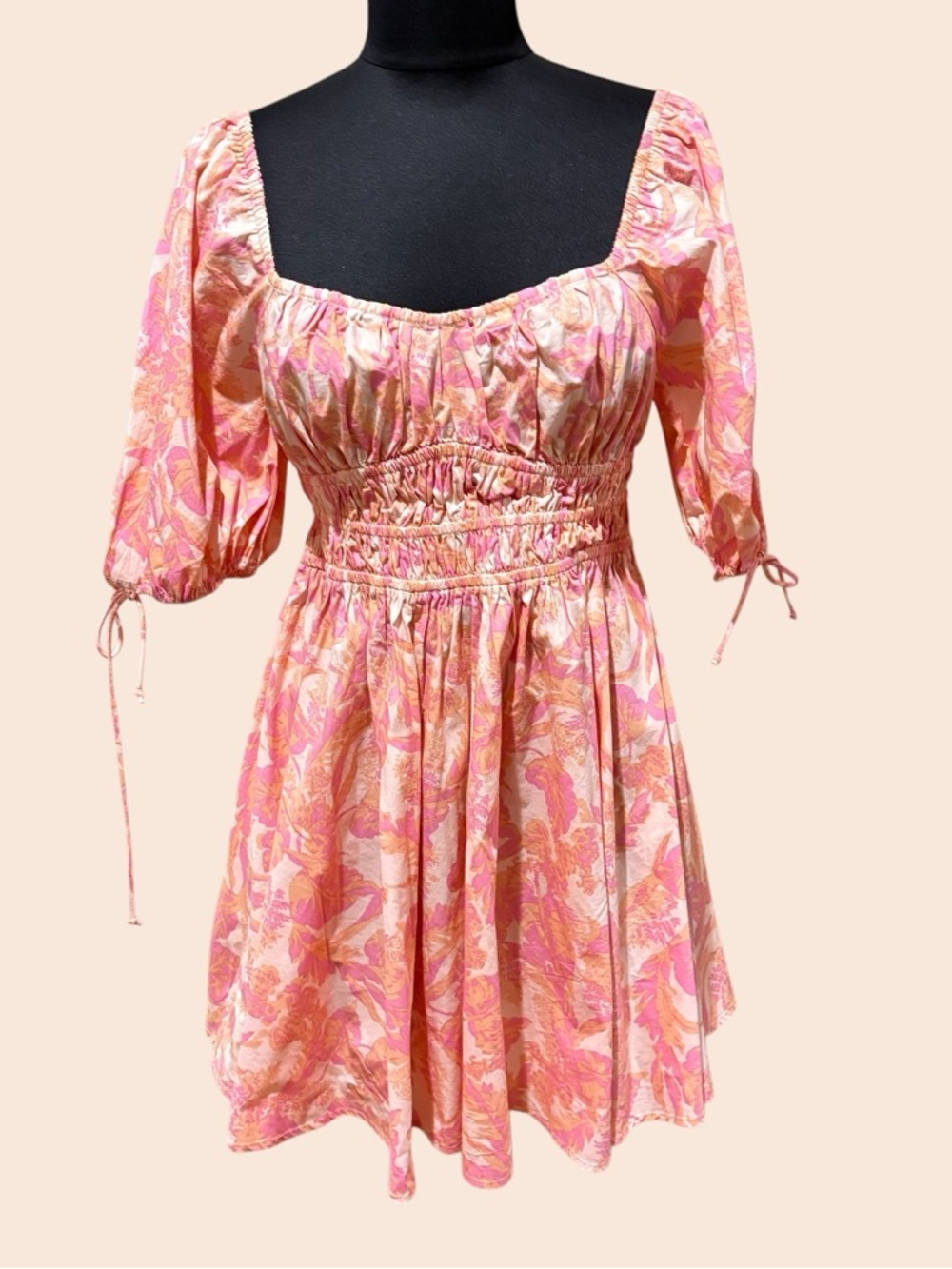 Olivaceous Pink & Peach Floral Puff-Sleeve Smocked Mini Dress